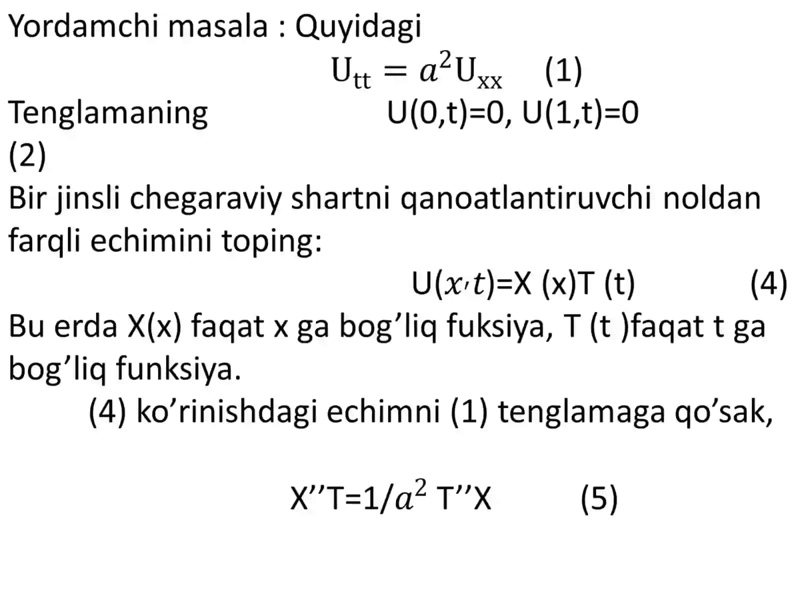 Tor tebranish tenglamasi uchun asosiy aralash masalani Furye usuli bilan yechish. Xos sonlar va xos funksiyalar. 3