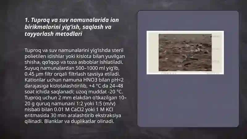 Tuproq va suvning ifloslanishida ion birikmalarini aniqlash va tozalash 3
