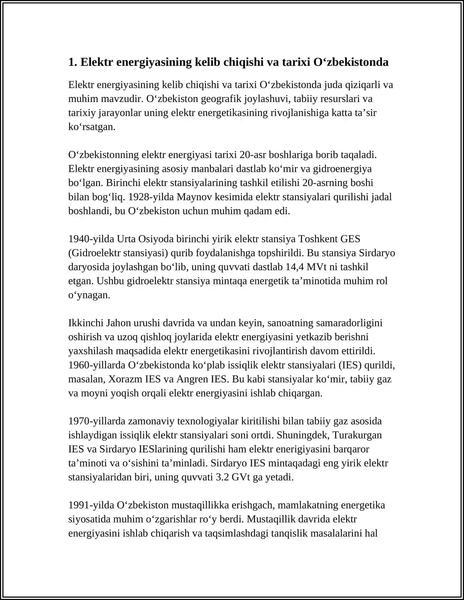 O‘ZBEKISTON RESPUBLIKASINING ELEKTRLASHTIRISH TARIXI VA ISTIQBOLLARI 3