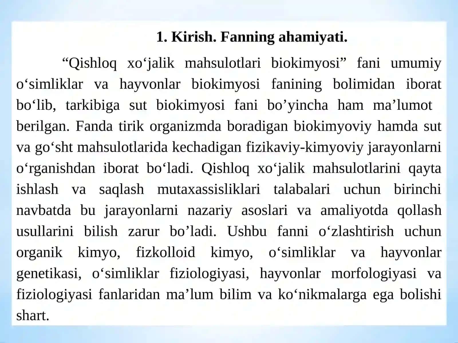 Qishloq xoʻjalik mahsulotlari biokimyosi fanidan 1-mavzu.Kirish. Qishloq xoʻjalik mahsulotlari biokimyosi fanining rivojlanish tarixi 3