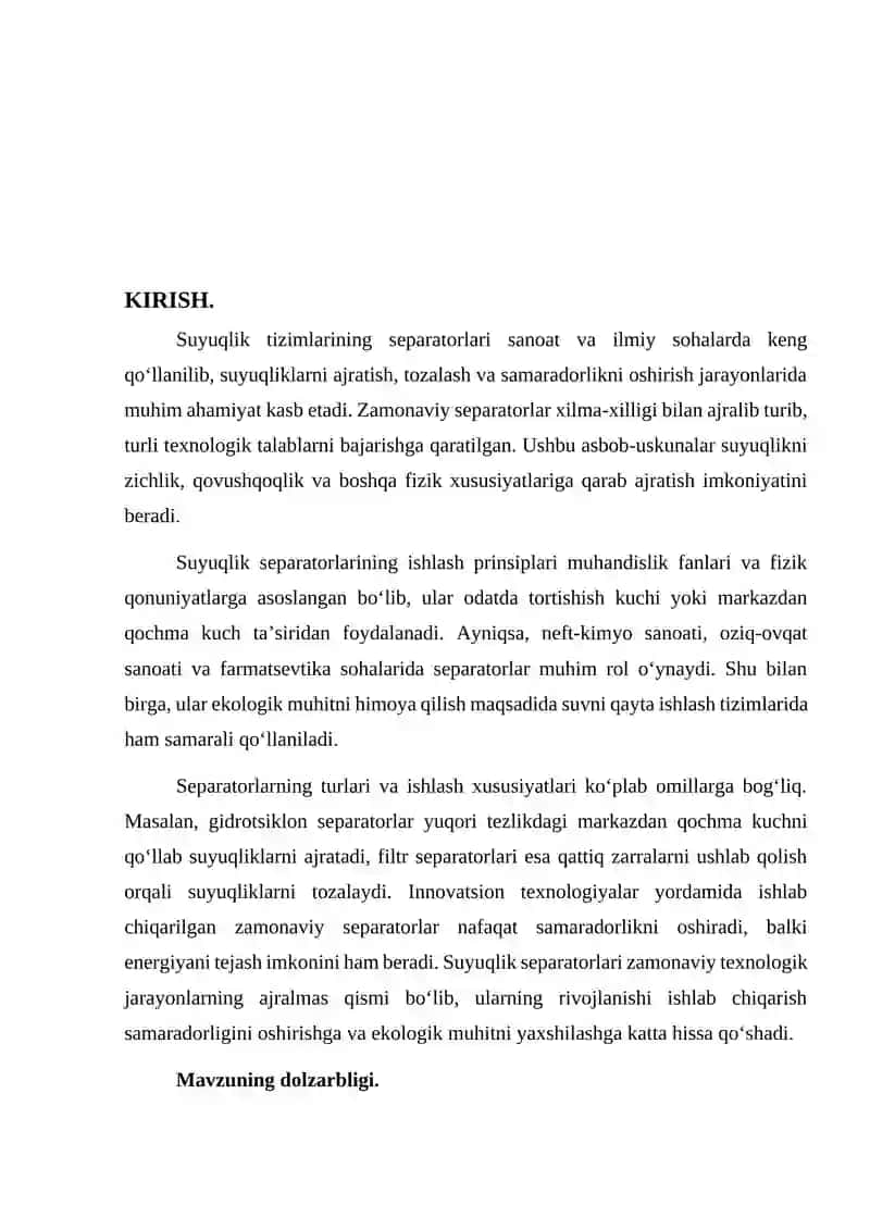 Suyuqlik sistemalarining seperatorlari KURS ISHI 3