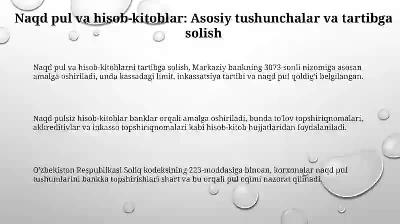 Pul mablag’lari va hisob kitoblar hisobi ( Naqt pul va naqt pulsiz operatsiyalar) 3