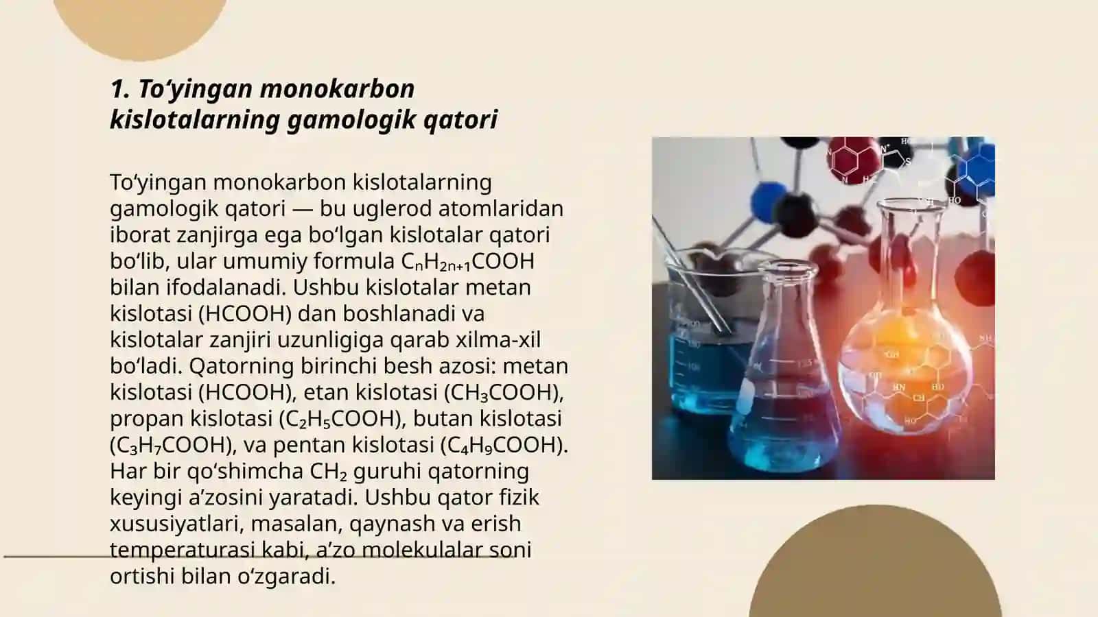 To‘yingan va to‘yinmagan mono va dikarbon kislotalarni gamologik qatori, olinishi, fizik-kimyoviy xossalari, ishlatilishi 3