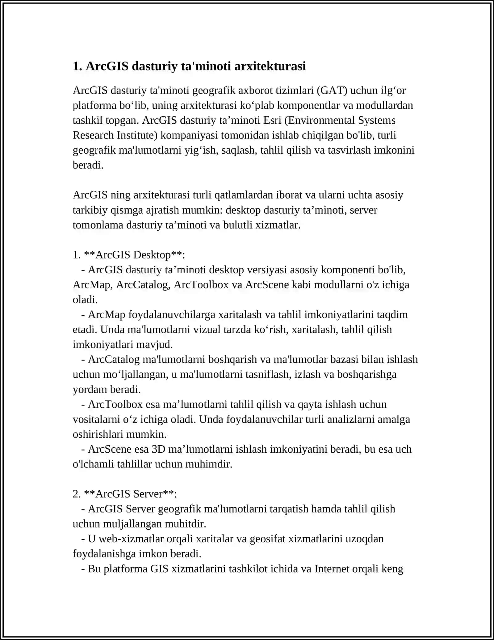 GEOGRAFIK AXBOROT TIZIMLARI TEXNALOGIYASINI O’RGANISH ARCGIS ARCCATALOG 3