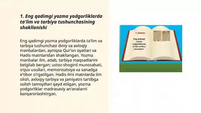 Eng qadimgi yozma yodgorliklarda ta'lim tarbiya masalalari 3