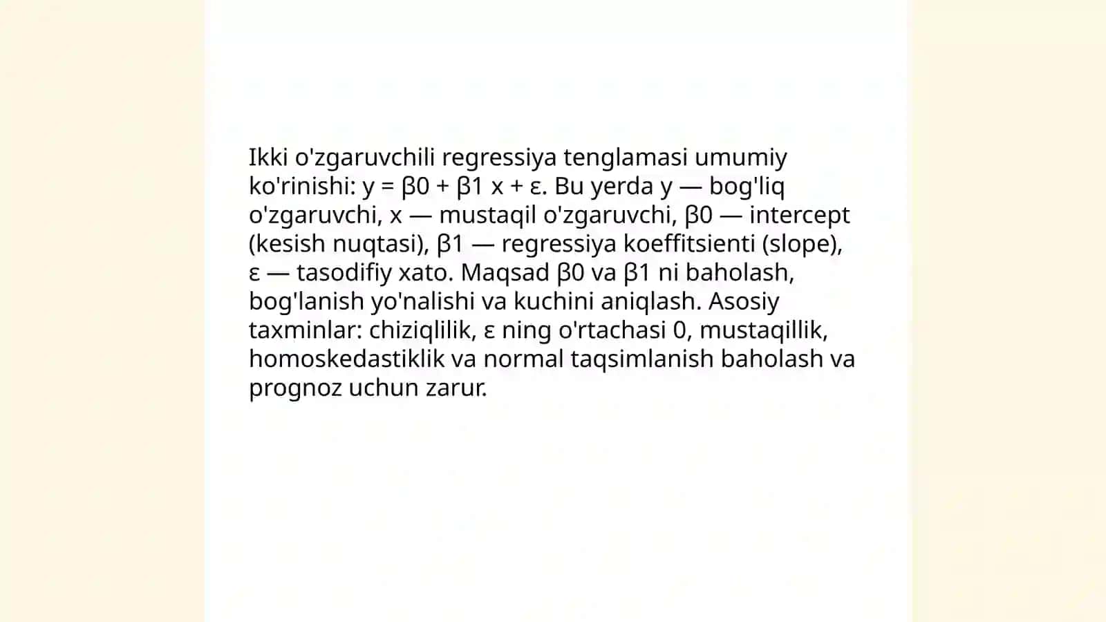 Ikki regressiya tenglamasi,regressiya koeffitsientlari va ularning hossalari 3