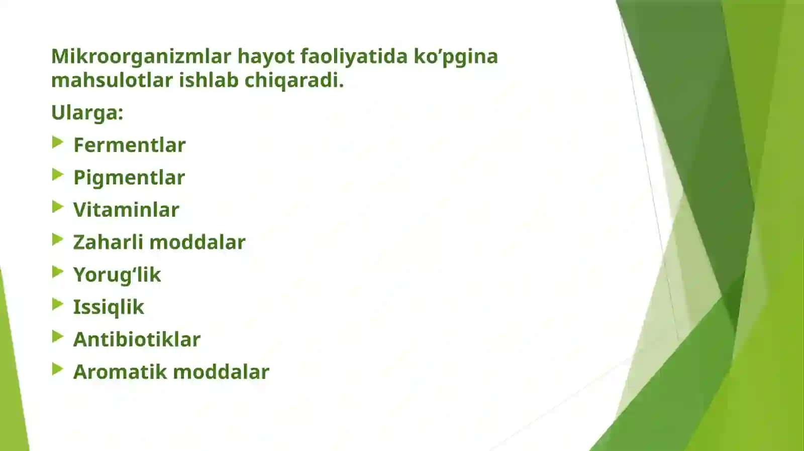 Bakteriyalar hayot faoliyati mahsulotlari fermentlar, pigmentlar, vitaminlar va zaharli moddalar 3