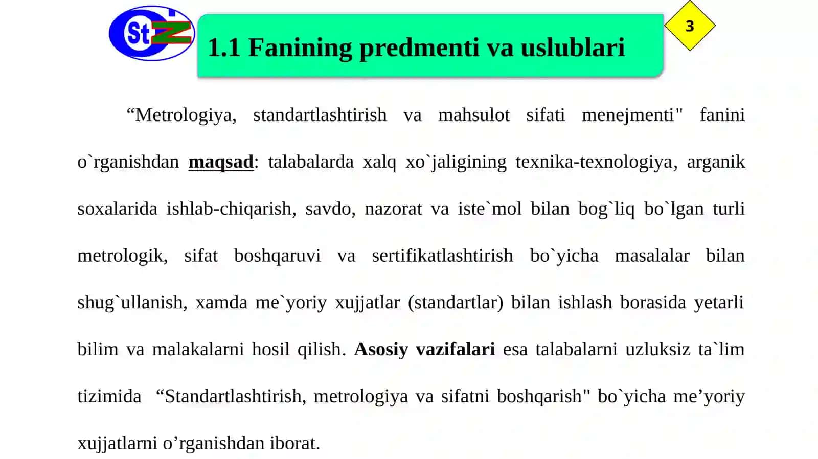 “METROLOGIYA, STANDARTLASHTIRISH VA MAHSULOT SIFATI MENEJMENTI” FANIGAKIRISH 3