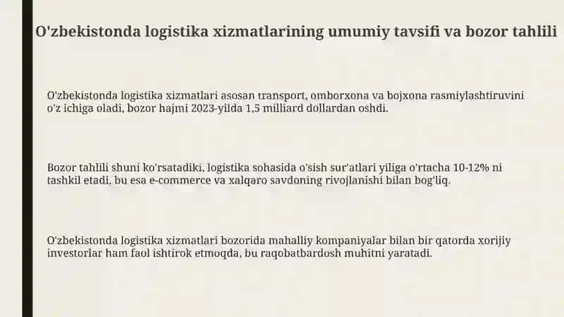O'zbekistonda logistika xizmatlarining umumiy tavsifi va bozor tahlili 3