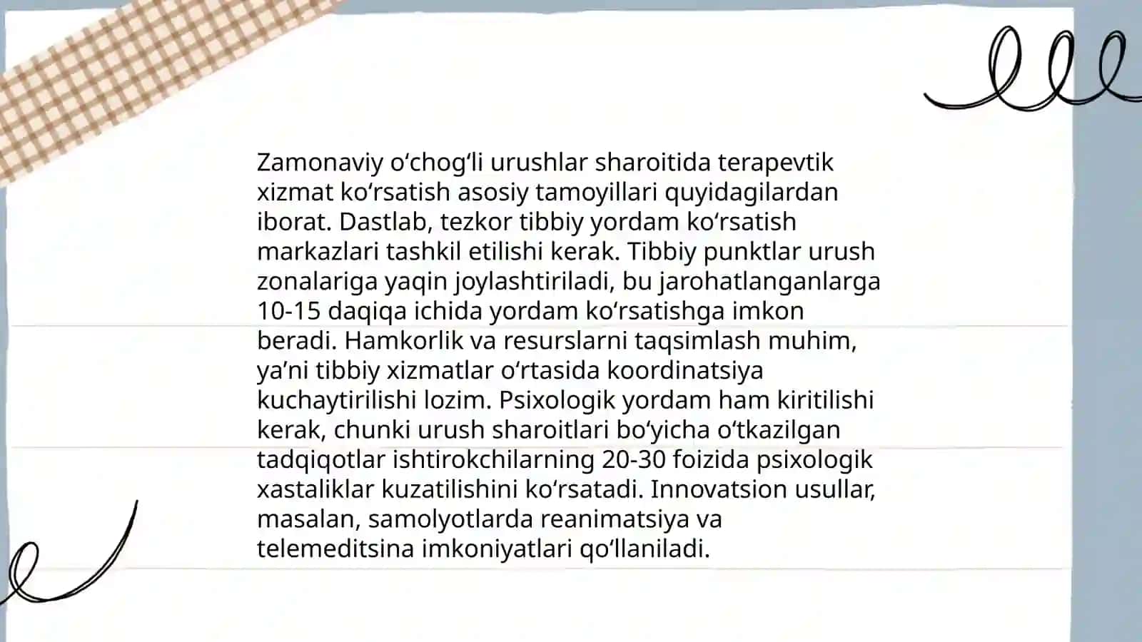 Zamonaviy oʻchogʻli urushlar tbbiy taʼminotini tashkillashtirilishini oʻziga xos xususiyatlarini inobatga olgan holda terapevtik yordamni tashkil qilish 3