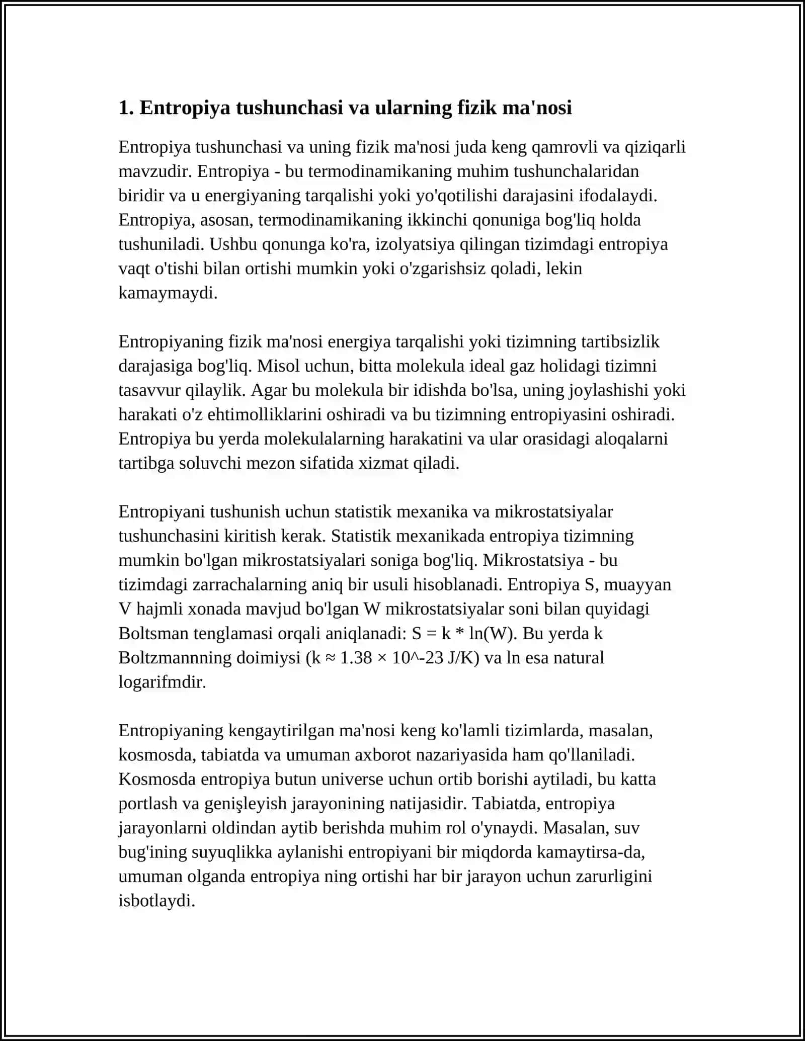OCHIQ TIZIMLARDA ENTROPIYANING LOKAL KAMAYISHI.DISSIPATIV STRUKTURALAR 3