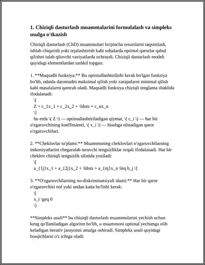CHIZIQLI DASTURLASH MASALASINI SIMPLEKS USULDA YECHISH 3