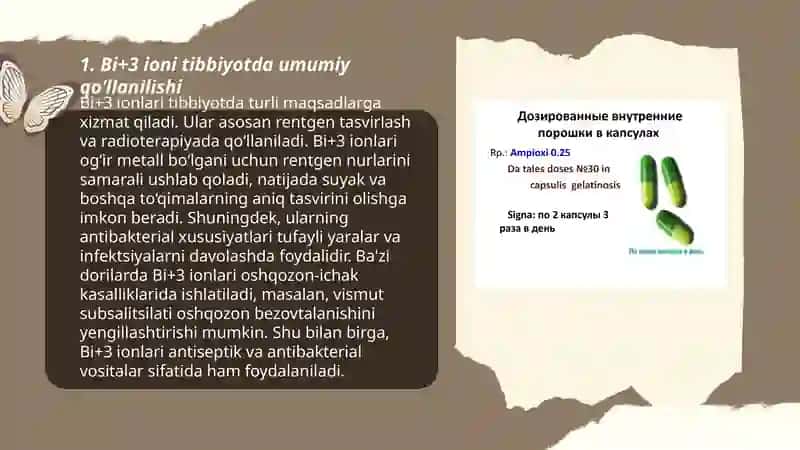 Bi+3 kationini tibbiyotda qo‘llanishi va dori vositalari tarkibida sifat hamda miqdorini aniqlash. 3