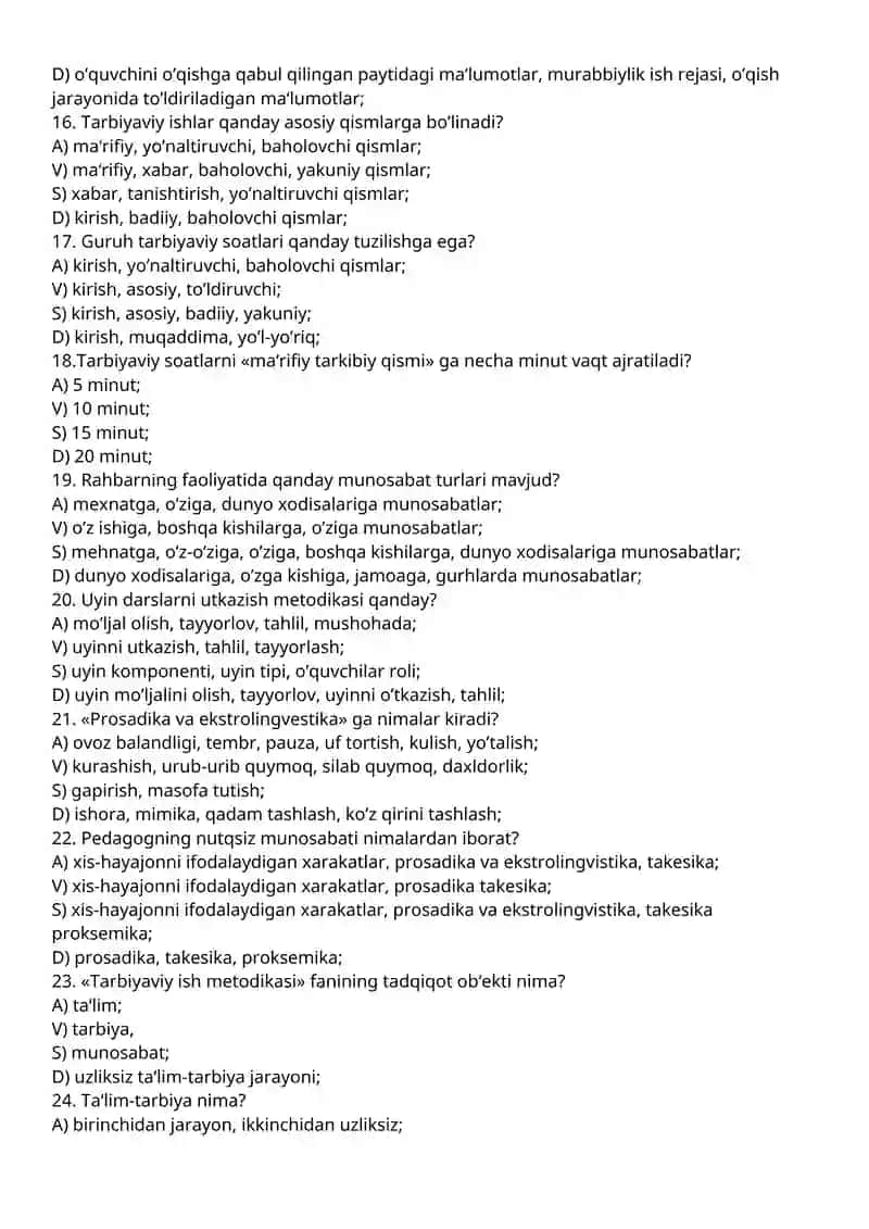 Tarbiyaviy ishlar metodikasi test savollari 3