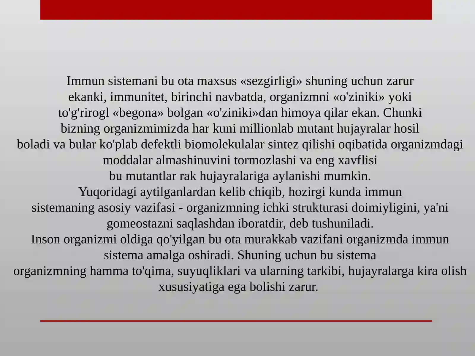 IMMUNITET ORGANLARI. T VA B LIMFOTSITLAR, SUBPOPULYATSIYALARI, ULARNING ORGANIZMDAGI IMMUNREAKSIYALARDAGI AHAMIYATI. IMMUN TIZIMGA BAHO BERISH USULLARI 3