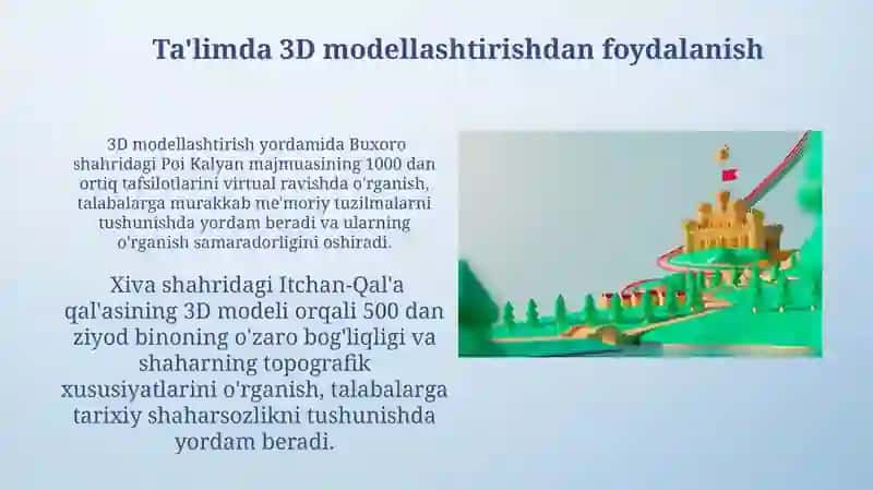 Tarixiy obidalarni 3D modillashtirishning ahamiyati 3