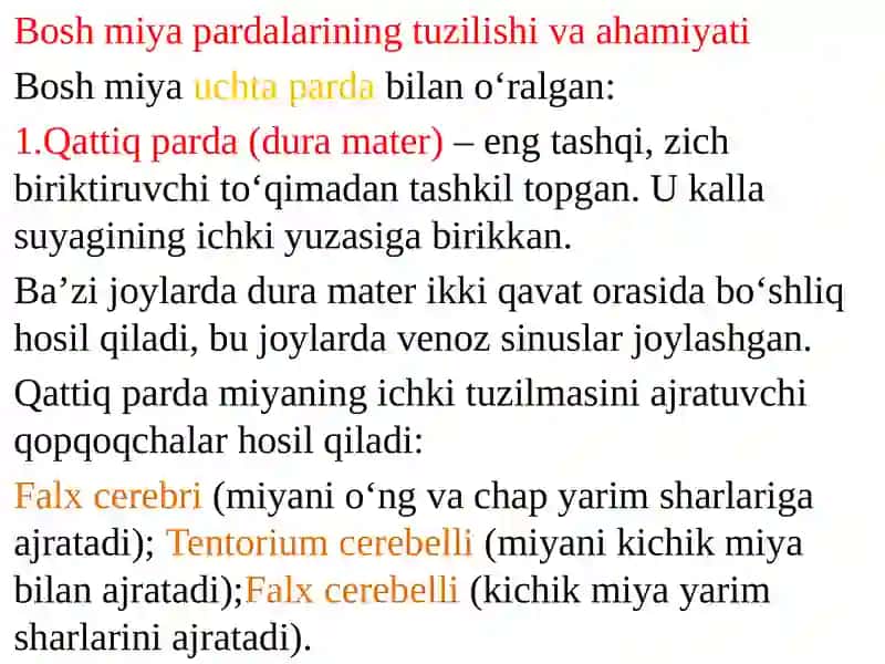 Bosh miya pardalarining vena bo`shliqlari va sistemalari.
Likvorodinamika 3