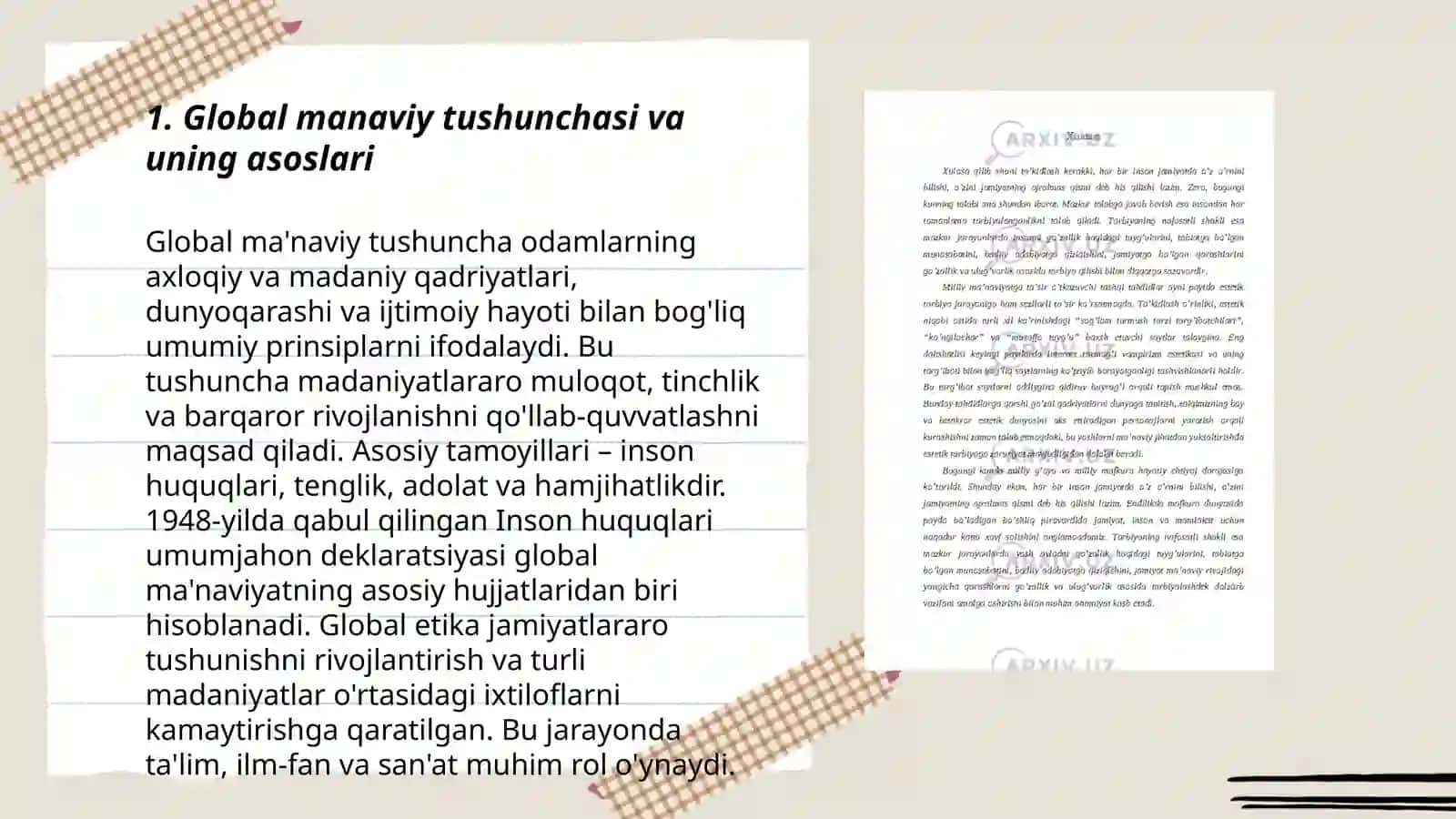 Global ma'naviy -globallashuvning ĝoyaviy asosi. Jadid mutafakkirlarining axloqiy-estetik qarashlari. Islom ta'limotida shaxs va jamiyat munosabatlari masalasi. Shaxs ma'naviy kamoloti va estetik madaniyat 3