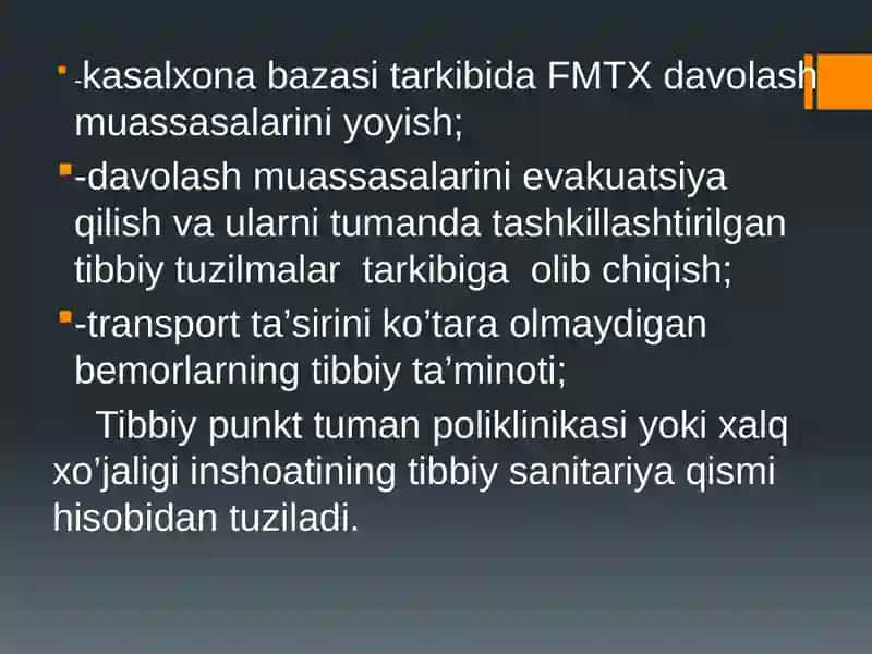 AHOLINI DUSHMАN TAJOVUZI ХАVFI PAYTIDA VA SHIKASTLANGAN AHOLINI DAVOLASH-KO’CHIRISH TIBBIY TA’MINLASH.TIBBIY MUASSASALARNI KO’CHIRISH. 3