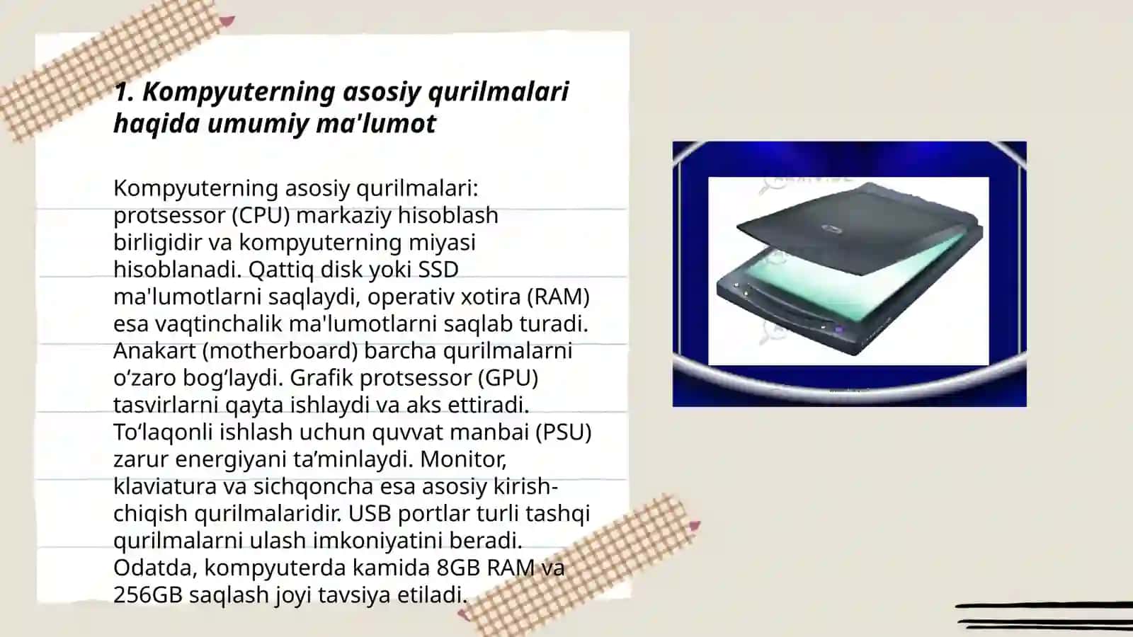 Kompyuterning asosiy va qoshimcha qurulmalari tasnifi,vazifalari MMT 22AU guruh talabasi 3