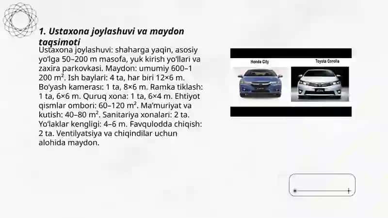 Toyota Corolla avtomobilining kuzoviga texnik xizmat ko‘rsatish ustaxonasini loyihalash 3