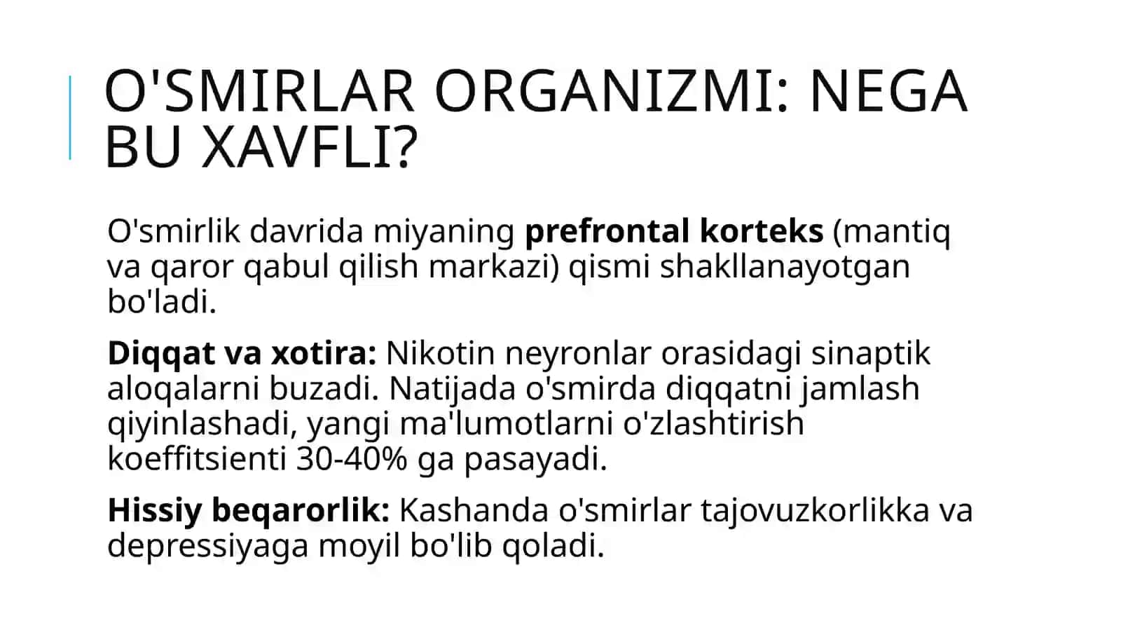 Nikotinizm va uning asoratlari. Nikotinizmning oʻsmirlar va ayollar organizmiga ta'siri 3