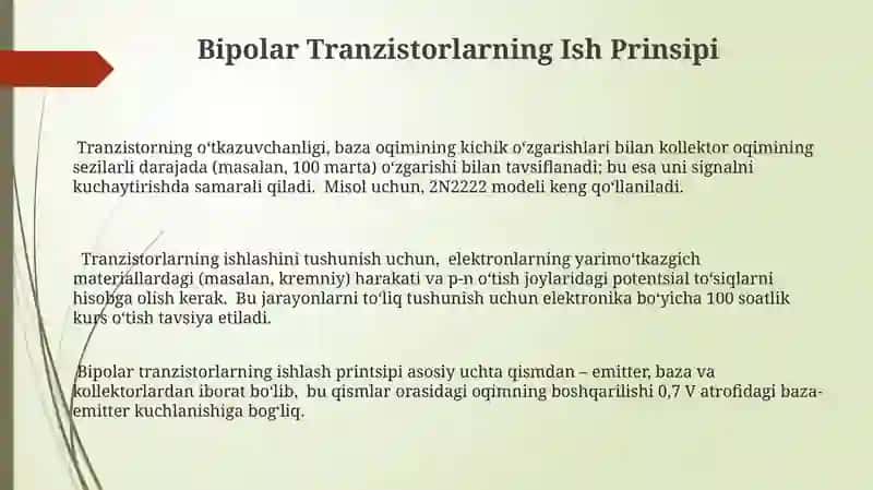 Bipolar va maydon tranzistorlari va ularning texnik ko'rsatgichlari 3