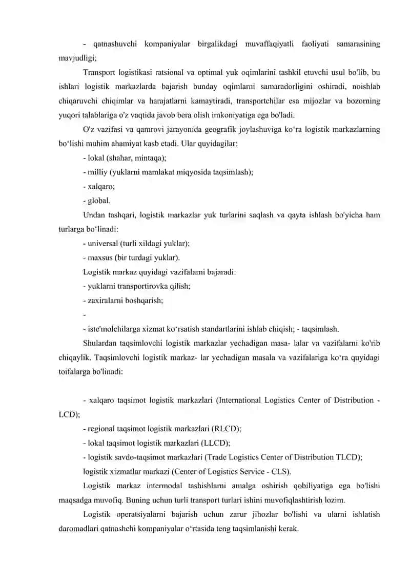 Logistika markazlari Transport va logistika tizimi. Transport kompleksi. Transport logistikasini rivojlantirish istiqbollari. 3