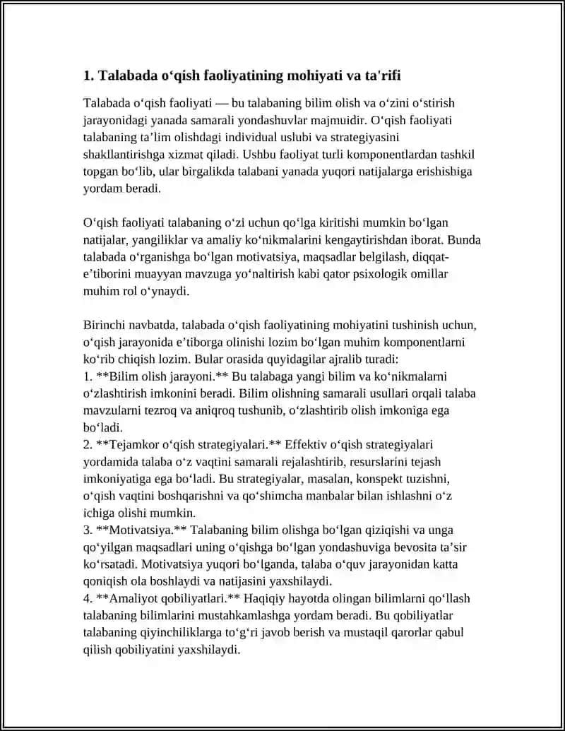 TALABADA O‘QISH FAOLIYATI, UNING KOMPONENTLARI VA PSIXOLOGIK XUSUSIYATLARI 3