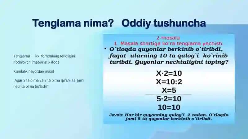 Boshlang`ich sinflarda tenglama va uni yechishga o`rgatish/taqdimot/slayd 3