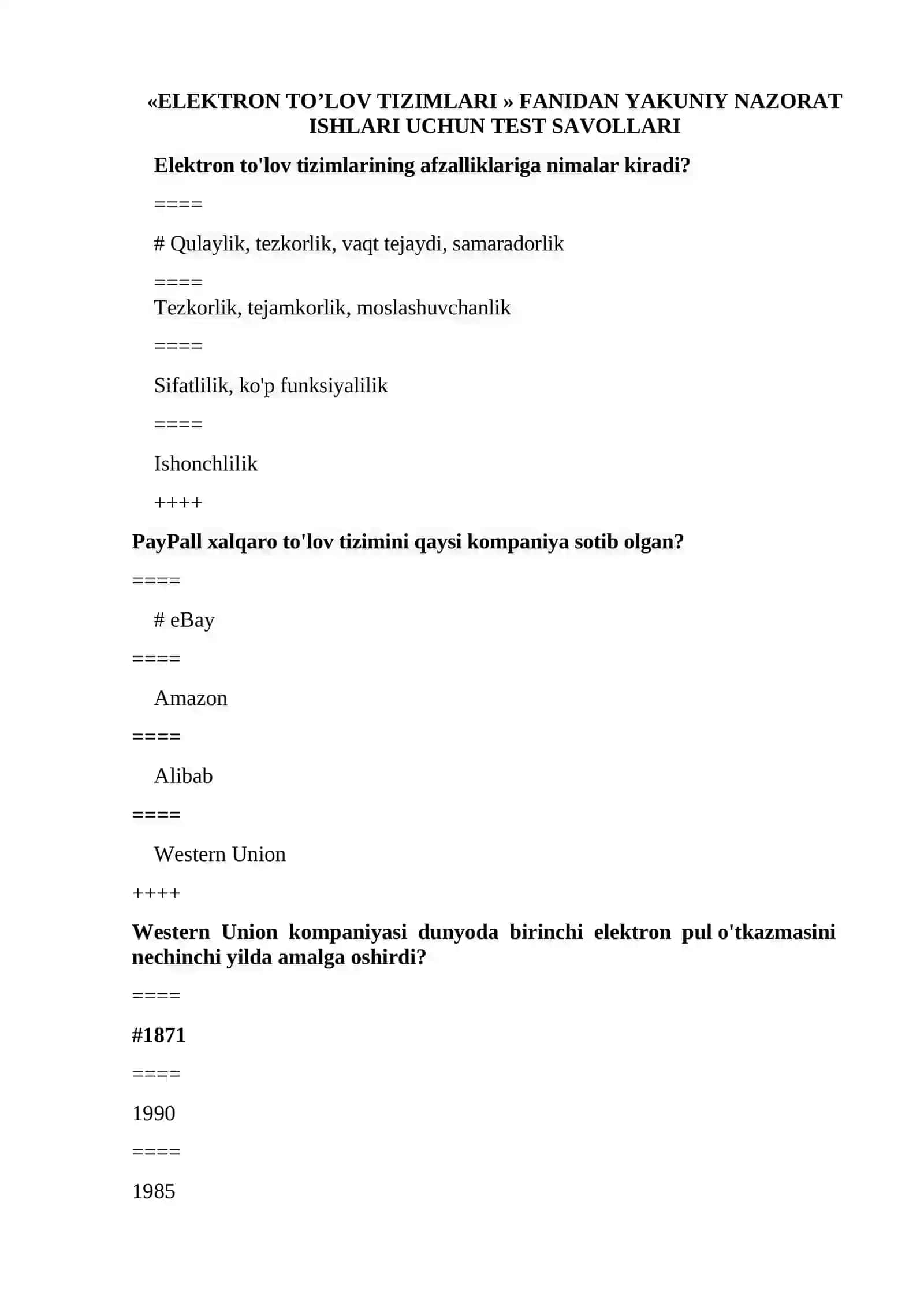Fanning oraliq nazorat savollari "Elektron to’lov tizimlari" 3