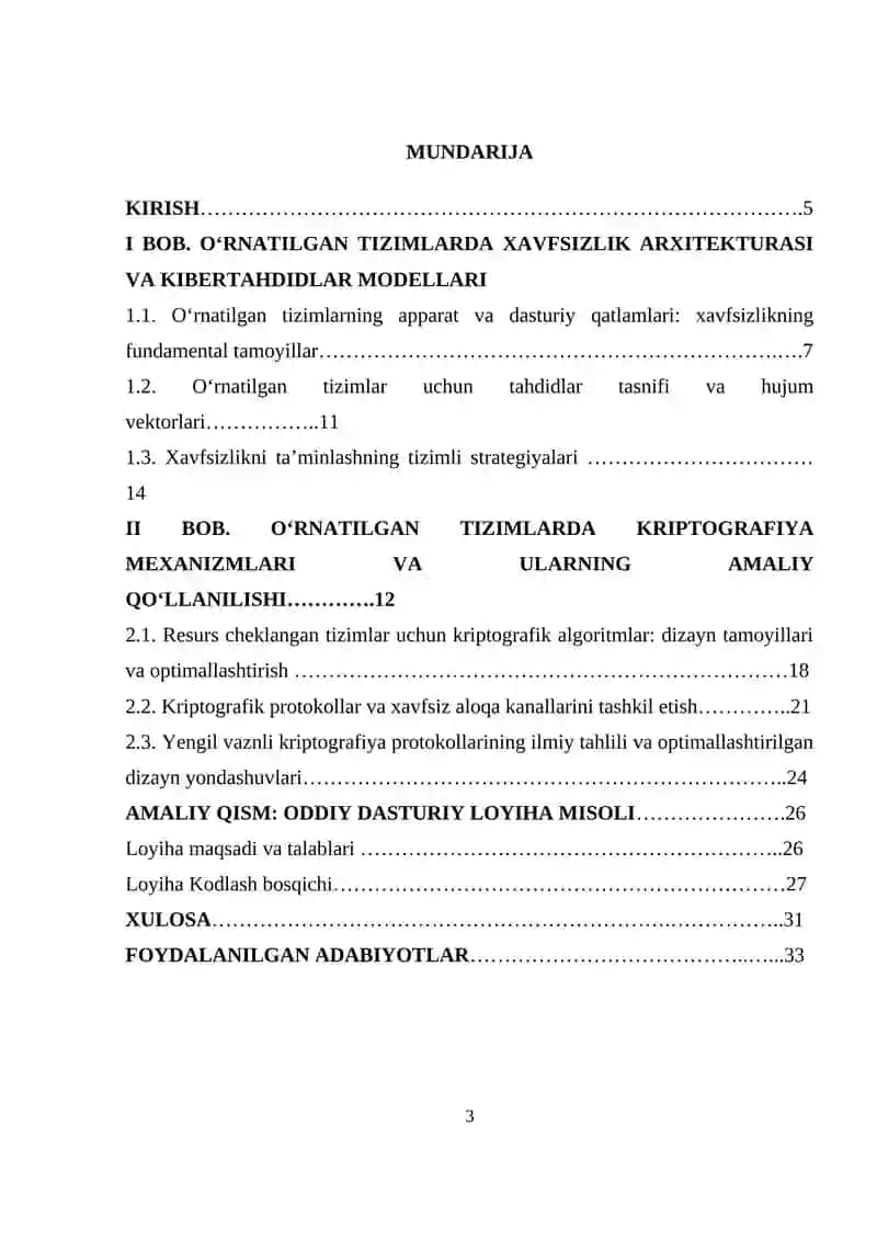 O‘RNATILGAN TIZIMLARDA XAVFSIZLIK MASALALARI VA KRIPTOGRAFIYA 3