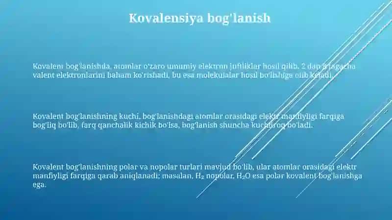 Kimyoviy bogʻlanish. Kimyoviy bogʻlanishning asosiy turlari 3
