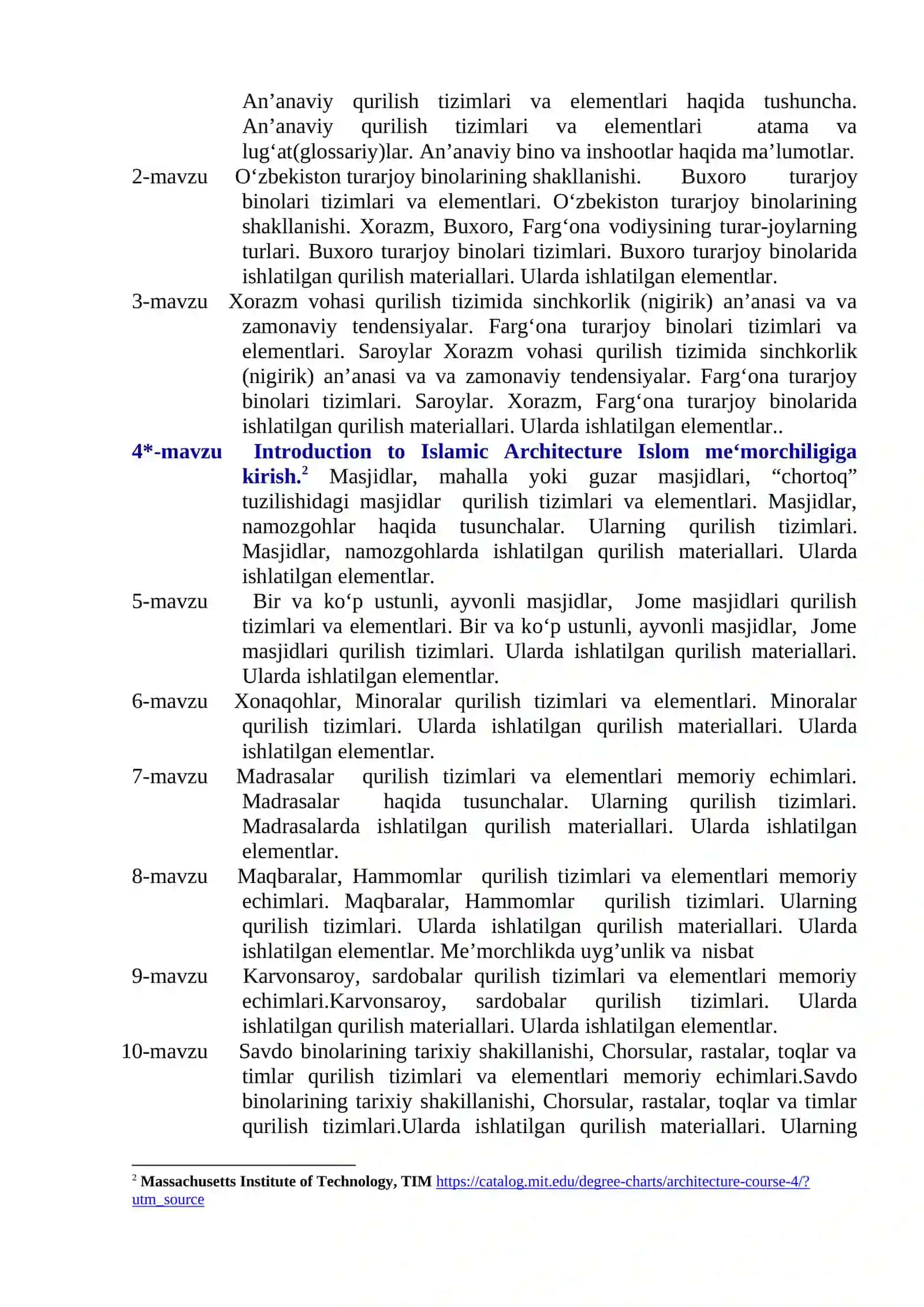 “AN’ANAVIY QURILISH TIZIMLARI VA ELEMENTLARI” fanining O’QUV DASTURI 3