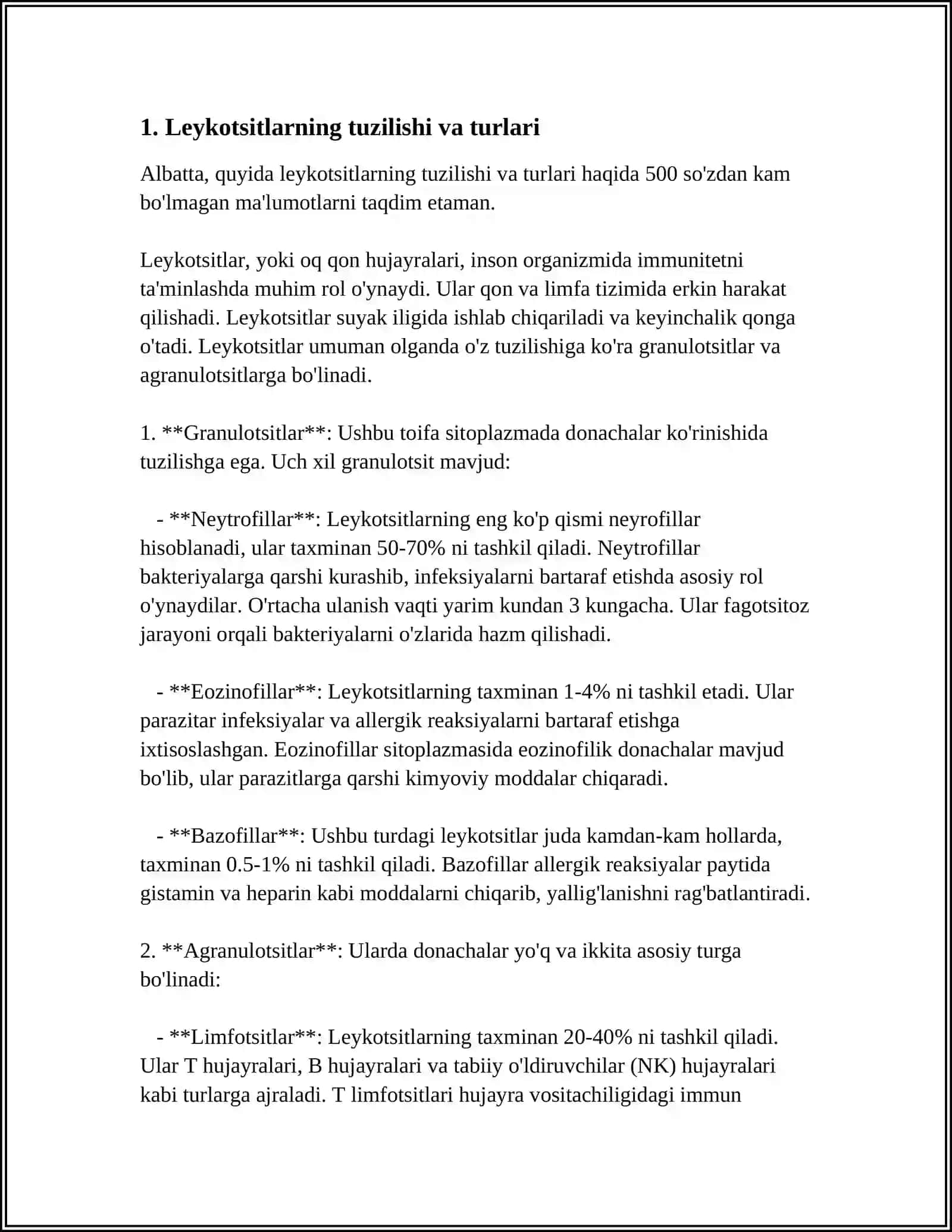 MUSTAQIL ISH Mavzu: LEYKOTSITLAR,TIBBIYOTDAGI AHAMIYATI 3