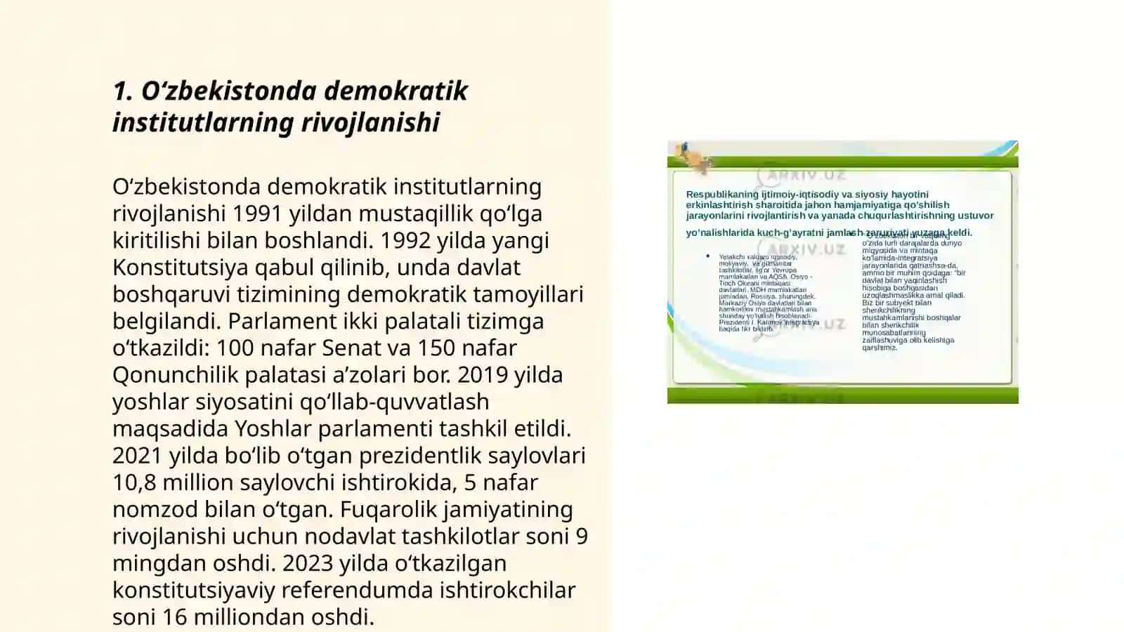 O'zbekistonda demokratik fuqarolik jamiyati asoslarining shakllanishi amalga oshirilgan siyosiy islohotlar 3