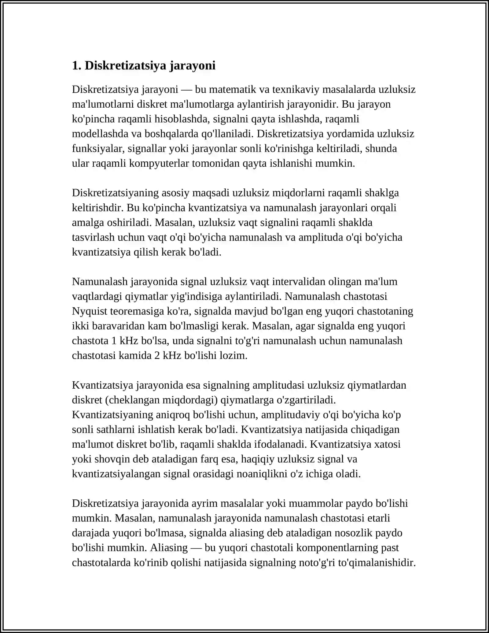 MUSTAQIL ISH Mavzu: UZLUKSIZ SIGNALLARNI BIR XIL ORALIQLARDA DISKRETIZATSIYALASH 3