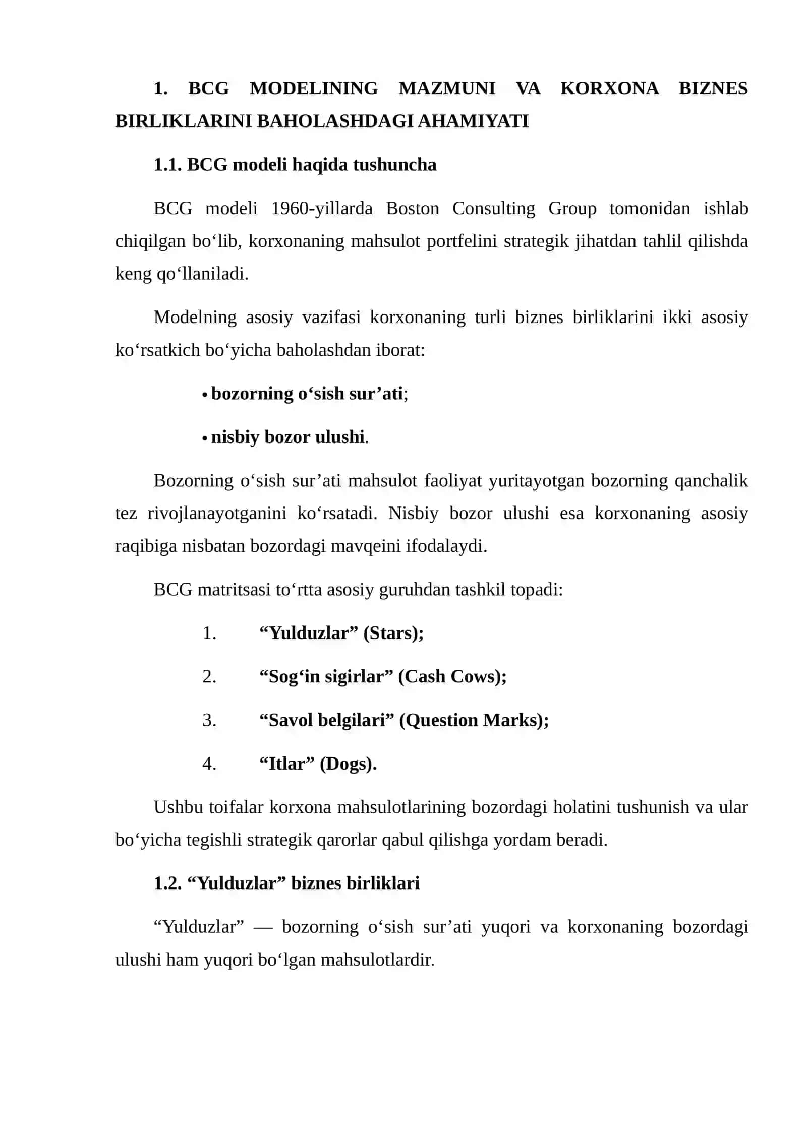MAHSULOTLI KORXONANING BIZNES BIRLIKLARINI BCG MODELI ASOSIDA BAHOLASH VA RESURSLARNI TAQSIMLASH STRATEGIYASINI ISHLAB CHIQISH 3