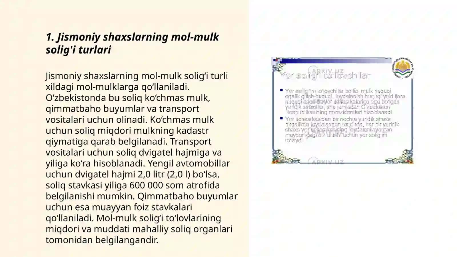 Jismoniy shaxslardan olinadigan mol-mulk solig’ining o’ziga xos jihatlari 3
