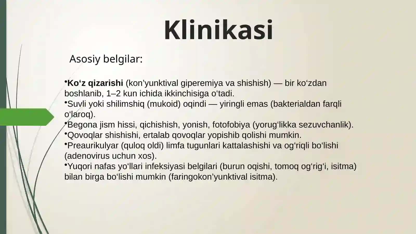 Viruslikon’yunktivitlar—ko‘zqizarishining,ko‘risho‘tkirligipasaymaganholatdagisababiklinikasi,diagnostikasivadavolash 3