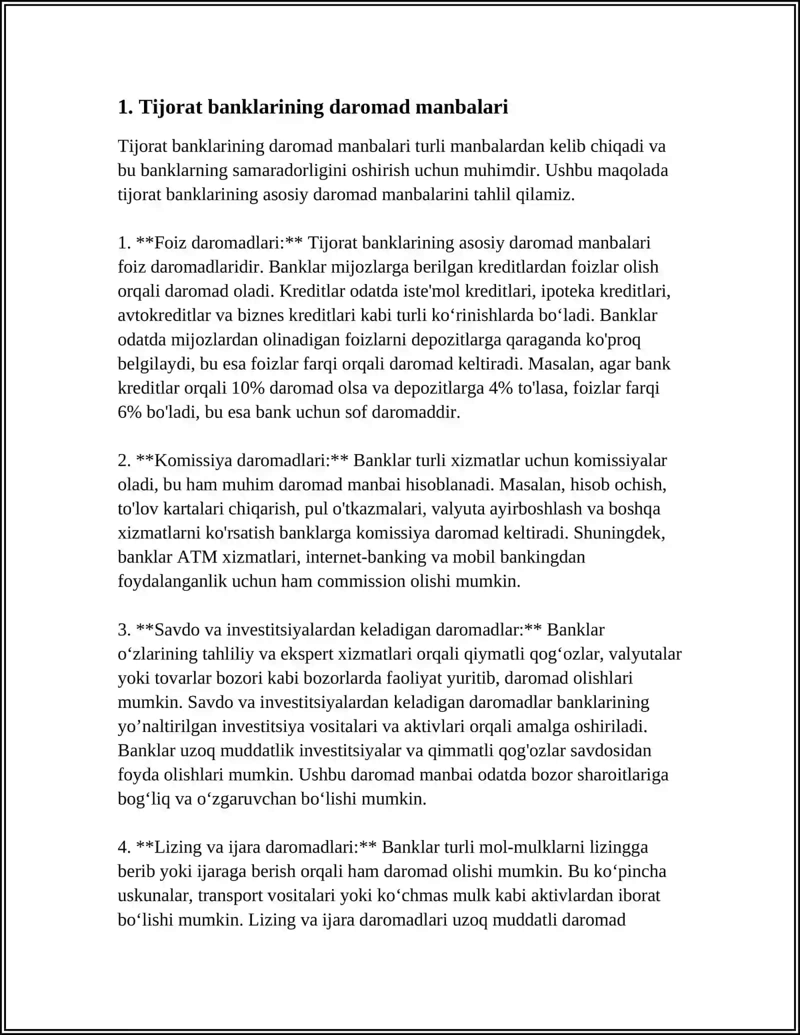 TIJORAT BANKLARI DAROMADLARI, XARAJATLARI VA FOYDASI AUDITI 3