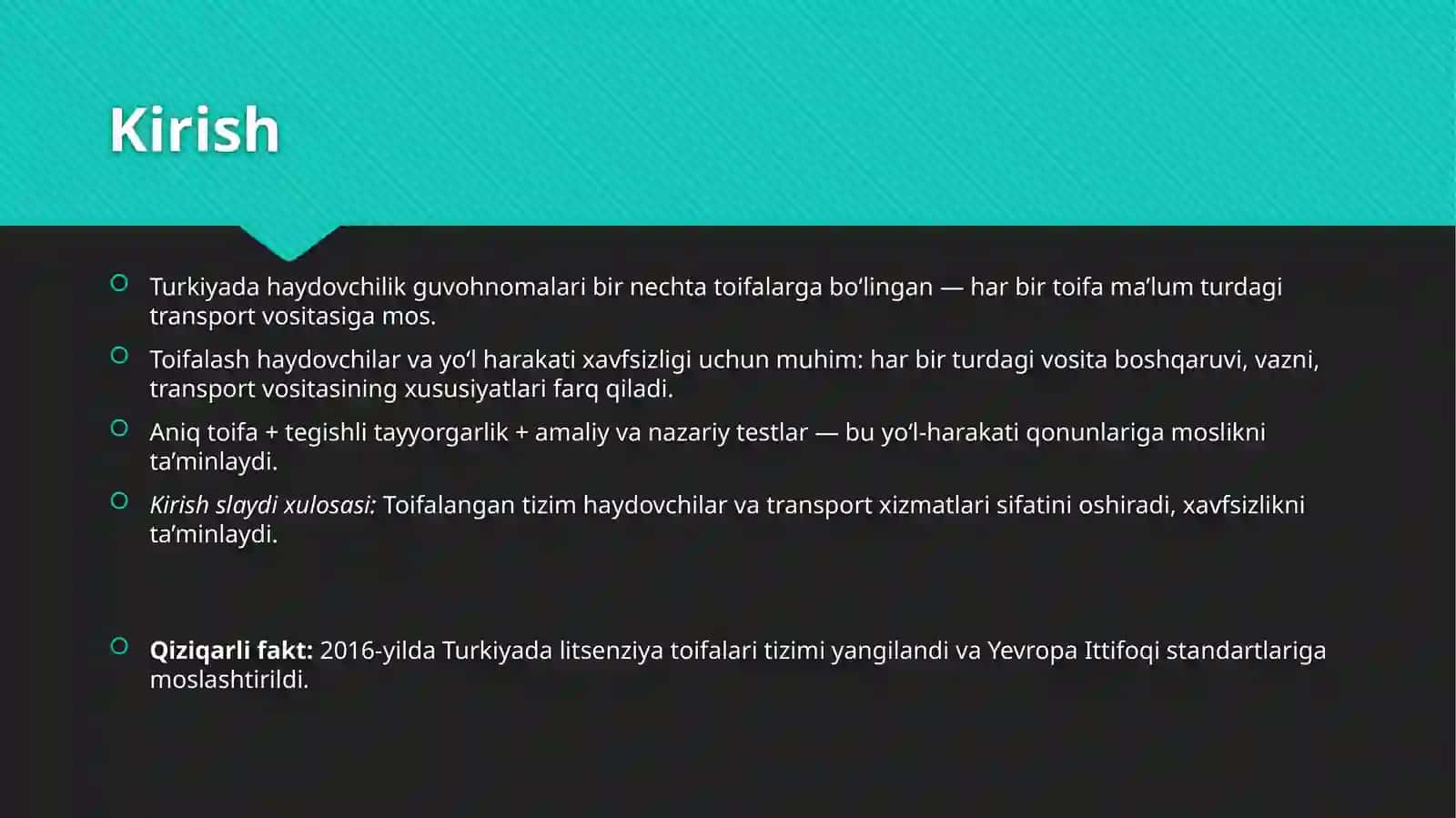 Turkiyada Avtomototransport Vositalari Haydovchilarini Tayyorlash va Qayta Tayyorlash Toifalari. Klassifikatsiya va Ta'riflar 3
