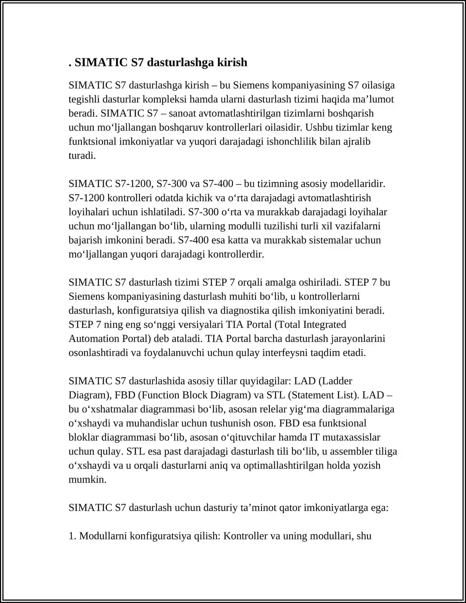 SIMATIC S7 DASTURLANADIGAN KONTROLLERLARI. UMUMIY TUSHUNCHALAR 3