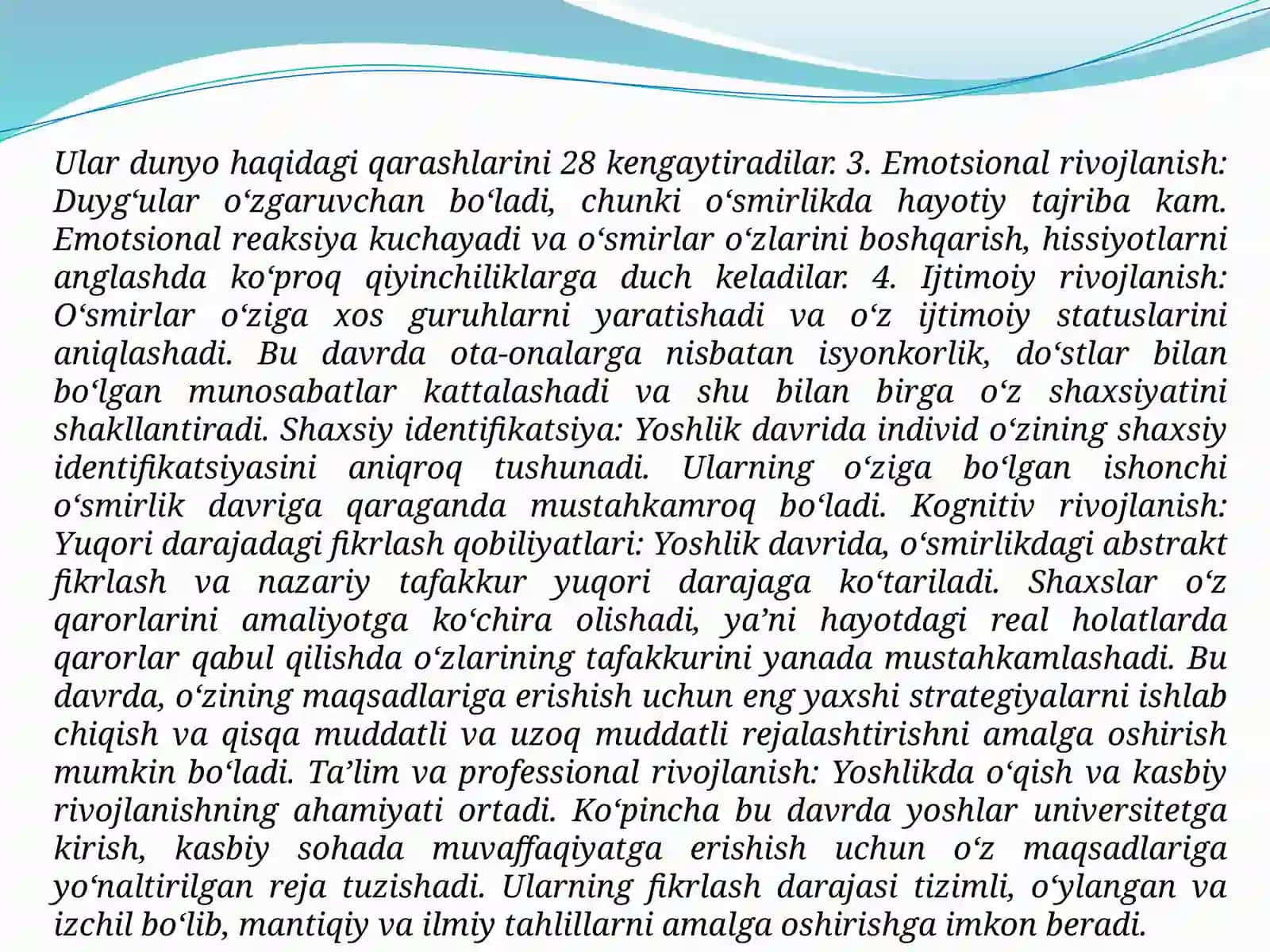 Ilk o'spirinlik va yoshlik davrida psixik rivojlanish xususiyatlari. 3