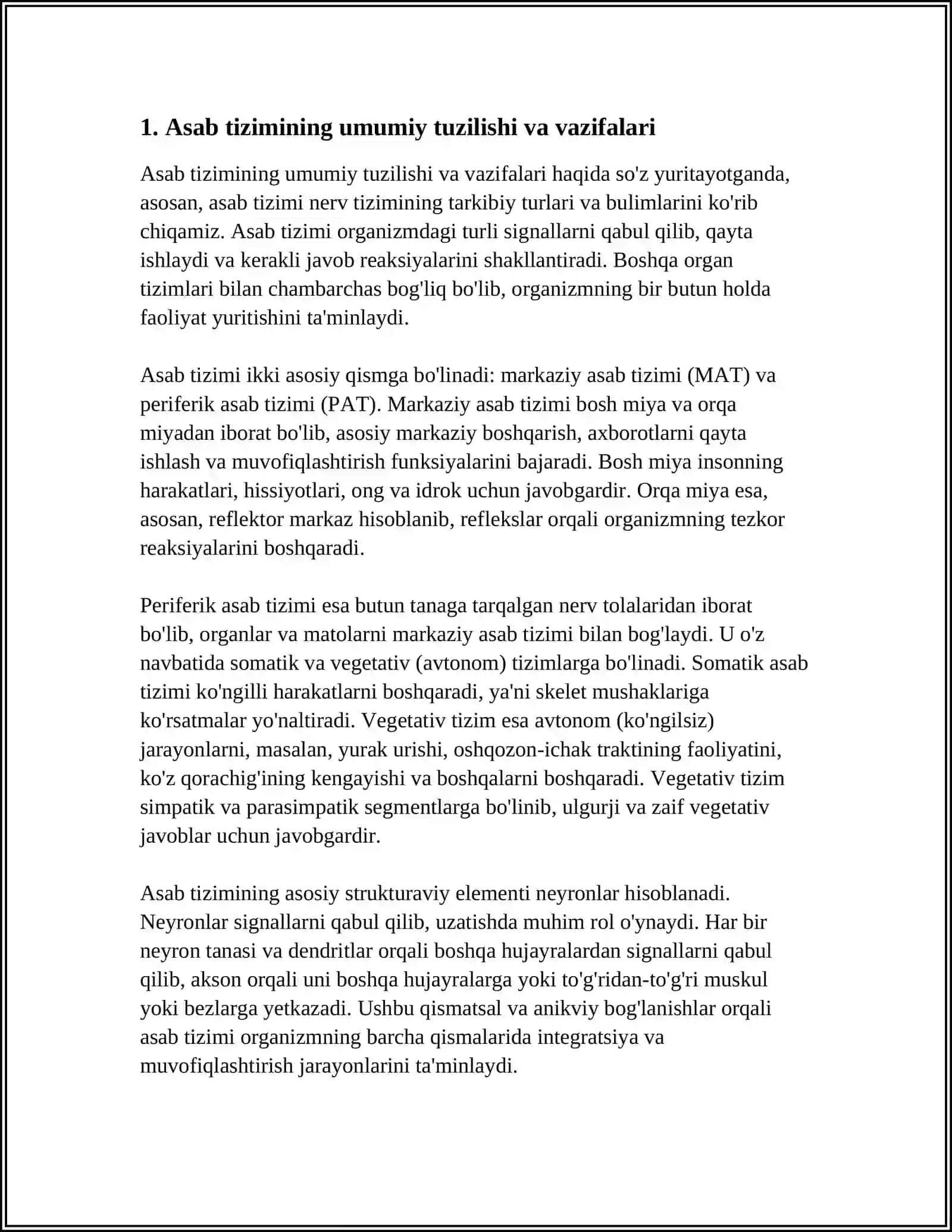 ASAB TIZIMI NERV TIZIMINING TURLARI BULIMLARI VA BIR BUTUNLIGI BOSH MIYA TUZULISHI JOYLANINSHI 3