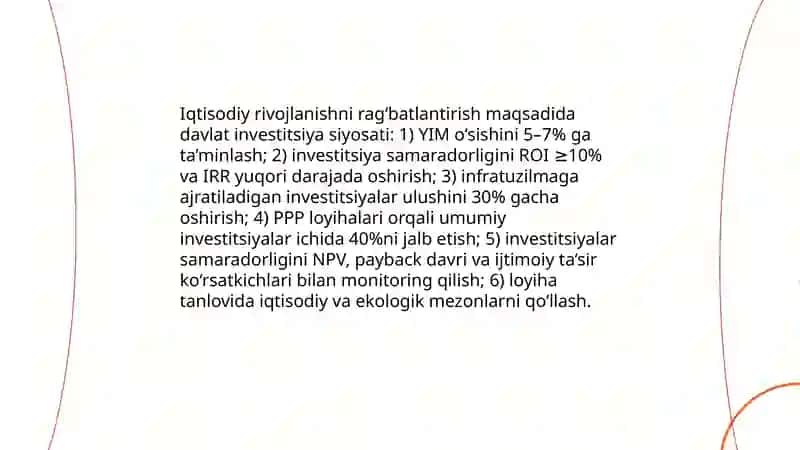 Davlat investitsiya siyosatining asosiy yoʻnalishlari 3