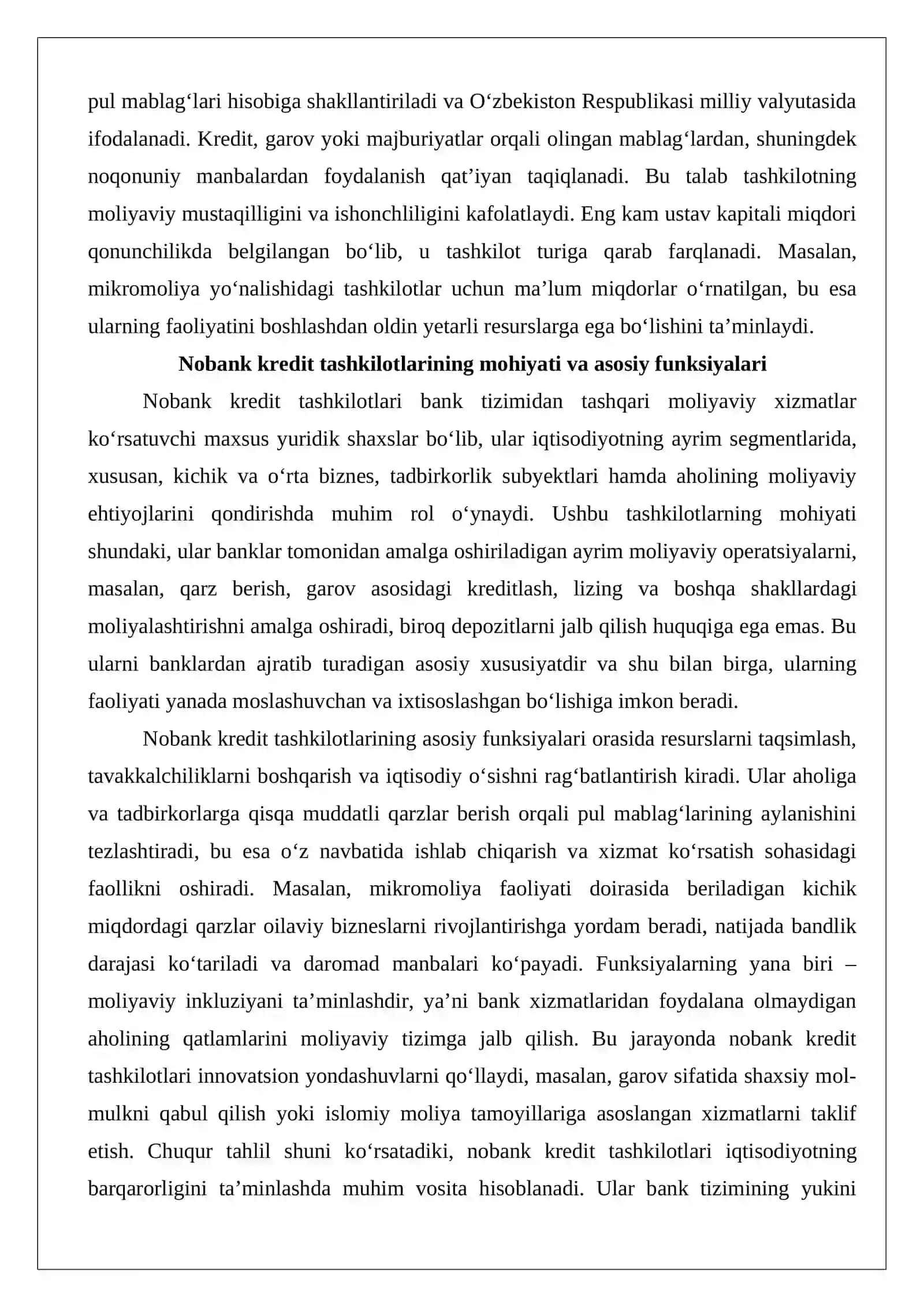 Nobank kredit tashkilotlari ustav kapitali, nobank kredit faoliyatini tashkil etish uchun qo‘yiladigan talablar 3