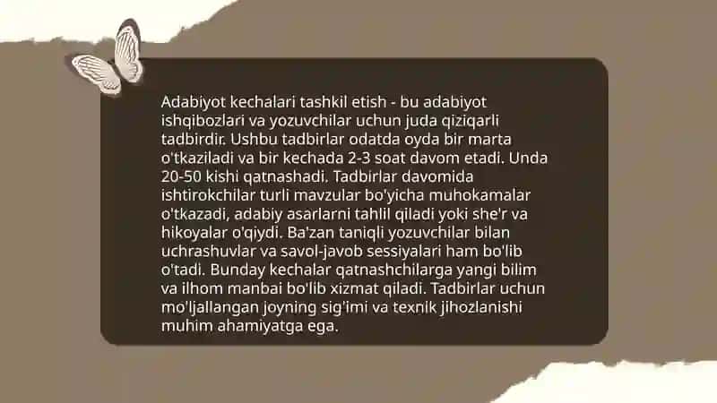 Adabiyot fanidan sinfdan tashqari mashg’ulotlarning turlari va ularni tashkil etish usullari 3