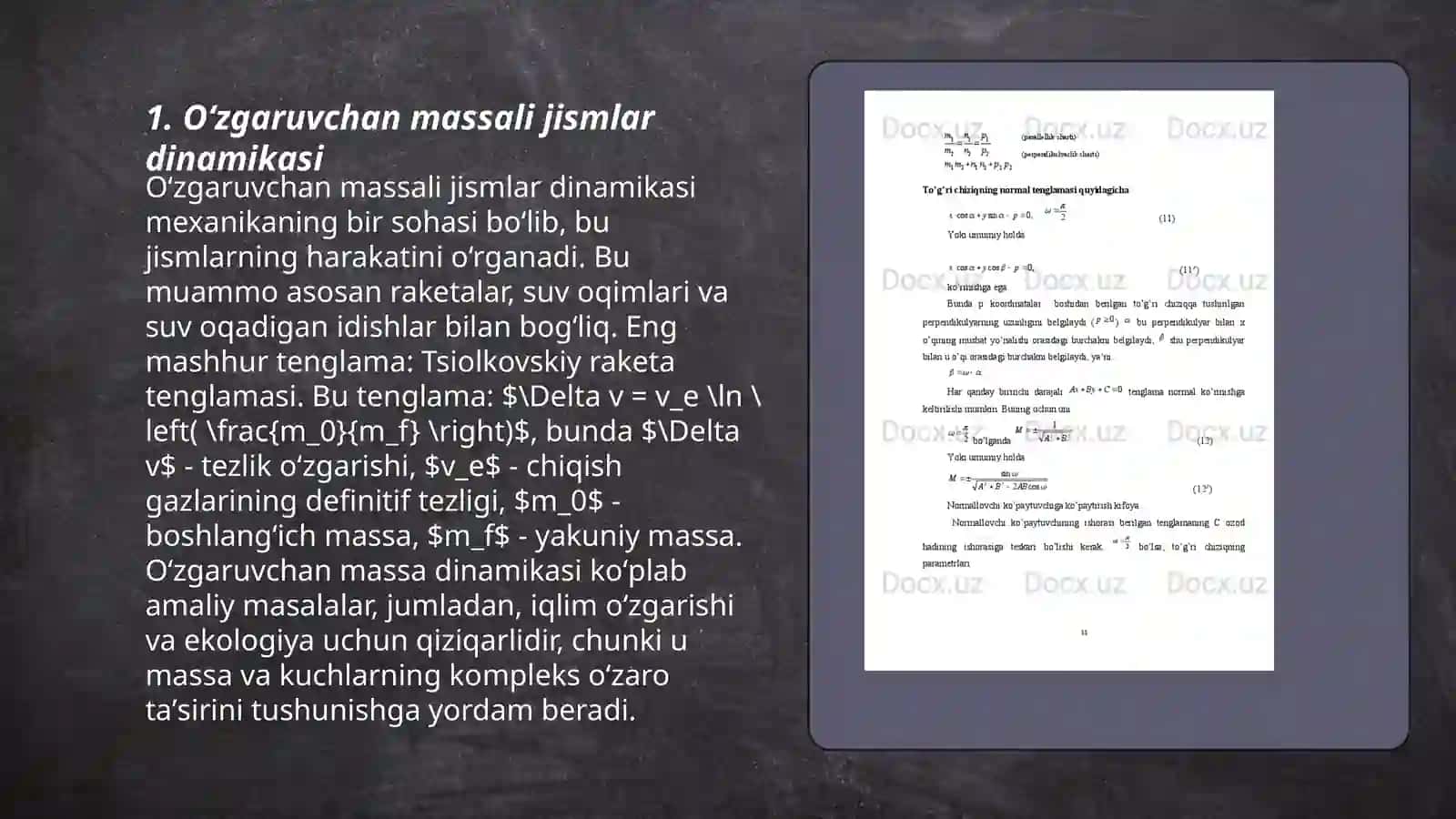 Oʻzgaruvchan massali jismlar harakati Mercherskiy tenglamasi va Siolkovskiy tenglamalari 3