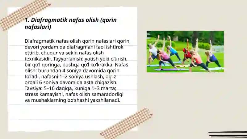 Nafas olish mashqlari va mushaklarni bo'shashtirish mashqlari 3